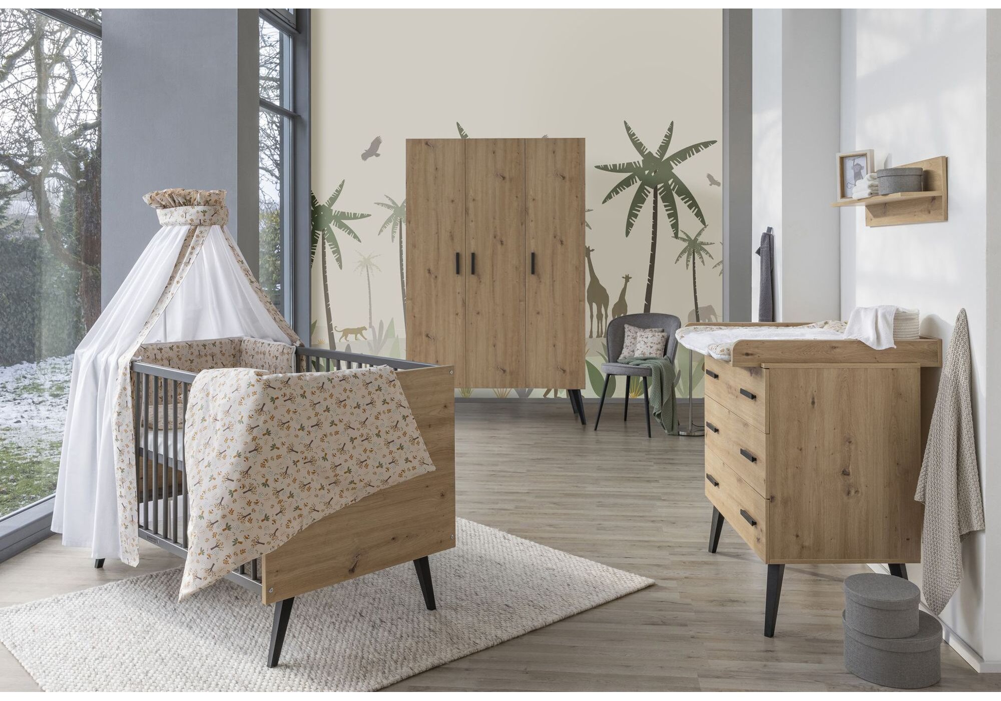 Schardt Kinderzimmer-Set Morris Oak im Dekor Artisan Oak mit Bett, Wickelkommode und Schrank